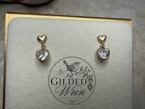 14K Gold CZ Heart Dangle Earrings Romantic Bezel Set Pierced .95g Vintage